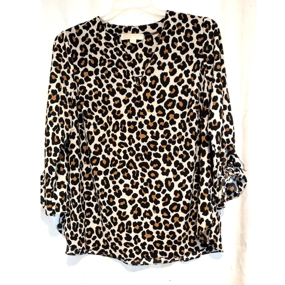 Michael Kors 1X Animal Leopard Print Top Blouse  3/4 Tie Sleeve Boho Chiffon EUC